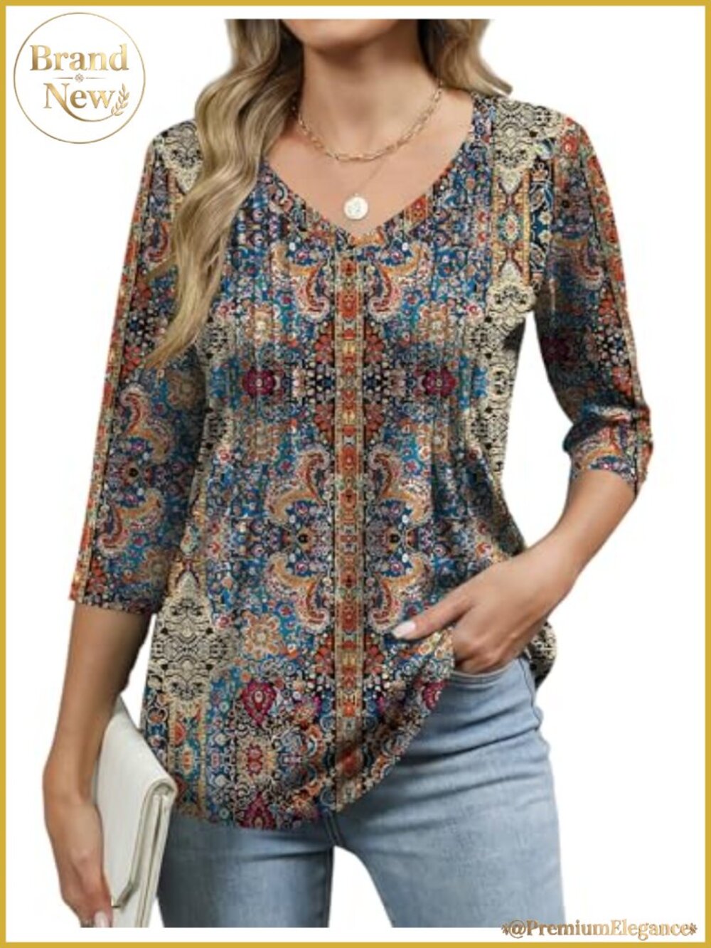 Women's 3/4 Sleeve V-Neck Pleated Blouse Peasant Top Soft Stretchy Floral